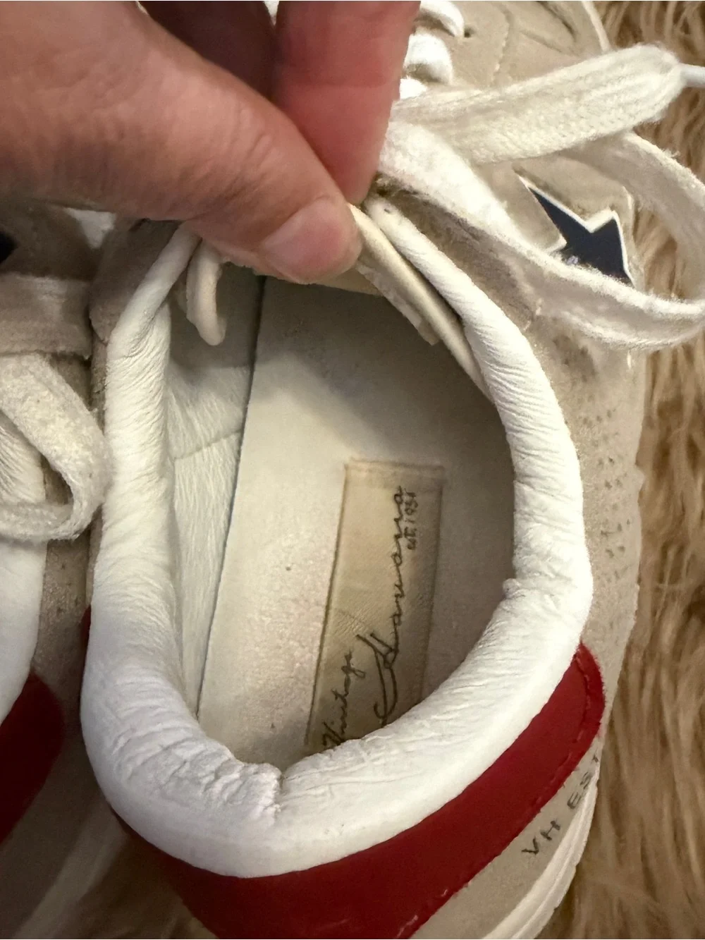 Vintage Havana Beige Suede Sneakers with Navy Star and Red Heel Tab, women’s 7.5